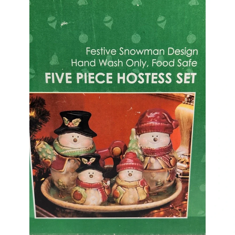 Festive Snowman Hostess Set Cream & Sugar, Salt & Pepper Holiday Party Decor